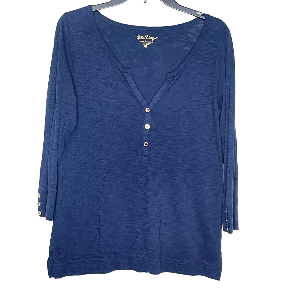 Lilly Pulitzer Women Top Front Button 3/4‎ Sleeve Notched V Neck Blue Size Small